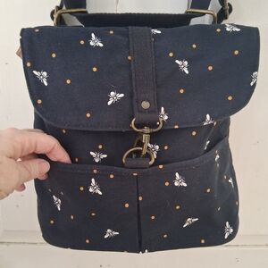 Fat Face Black Canvas Flat Bottom Backpack with Bees and Polka Dot Pattern